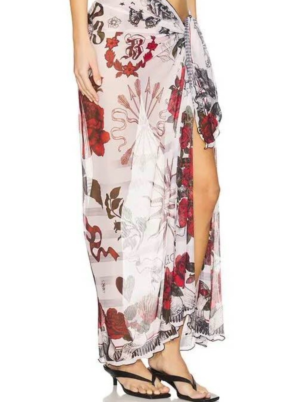 Sheer Floral Sarong Wrap Skirt in White and Red